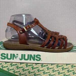 Bass Womens Sunjuns Brown Leather Woven Sandals Size 6.5 Gladiator Fisherman